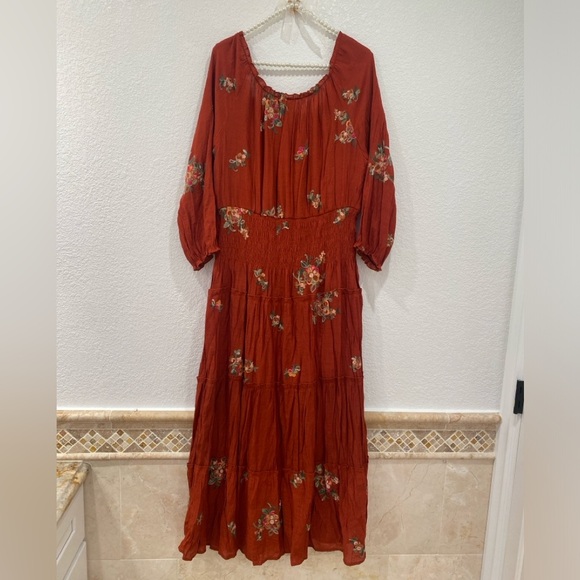 Anthropologie Fig and Flower Embroidered floral Smocked Tiered Ruffle Dress L - Picture 2 of 8